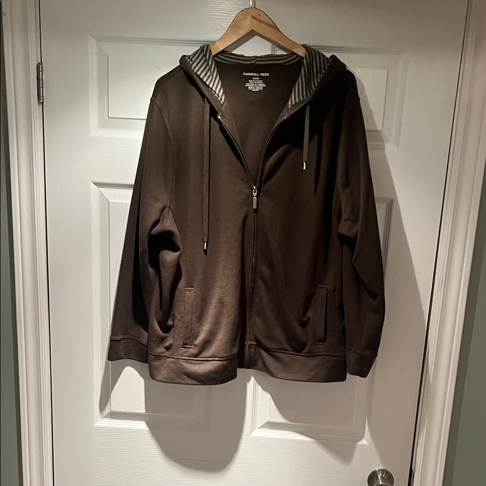 Casual Brown Zip-Up Sweater with Striped Hood